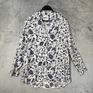 Coastal Cottagecore Blue Floral Linen Button Up Shirt Small Resort Chic Vacation